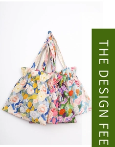 Detail of artistic floral oil painting canvas tote bag with drawstring closure