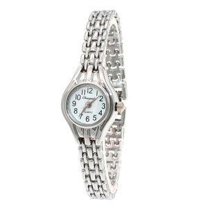 Detail of silver quartz watch with round white dial and metal link bracelet on white background