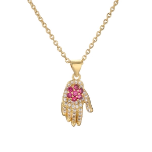 Gold plated palm pendant necklace with pink flower zircons on a delicate O-chain