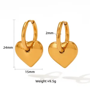 Golden 3D heart drop earrings made of stainless steel with size and weight dimensions