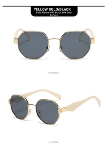 Front and 45-degree views of yellow gold octagonal sunglasses with dark grey lenses