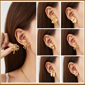 Vintage gold-plated floral and bowknot stainless steel stud earring set for women