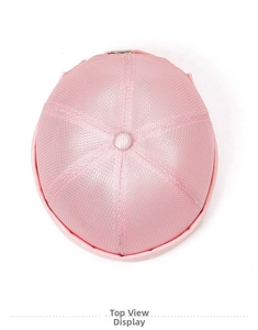 Top view of a pink docker cap with mesh texture and six-panel crown construction