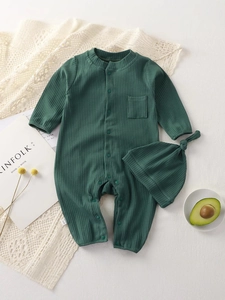 Forest green ribbed cotton baby bodysuit set with matching knotted hat and snap buttons