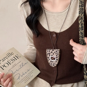 Leopard print magnetic cat pendant necklace with adjustable brown cord for women