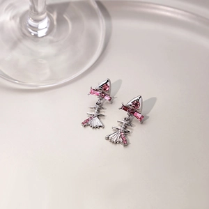 Silver fishbone earrings with pink crystals and rhinestones for women jewelry