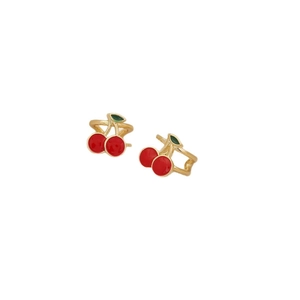 Cute red cherry ear clips with green leaves and gold metal base for women's jewelry