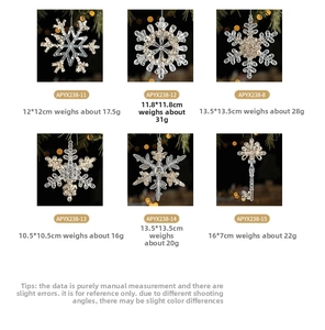 Size chart showing clear acrylic snowflake and key ornaments for Christmas tree decor