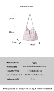 Detailed size specifications for the floral tote bag with dimensions and adjustable strap