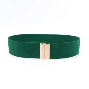 Detail of forest green elastic waist belt with a sleek champagne gold metal buckle closure