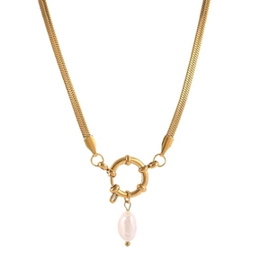 Golden 18K plated herringbone chain necklace with circular clasp and pearl pendant