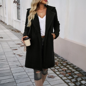 Dunkelgrüner langer Plüsch-Strickcardigan mit Kapuze im lässigen Outdoor-Streetstyle