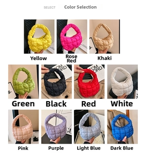 Detailed grid showing quilted cloud bags in eleven vibrant colors like green and blue