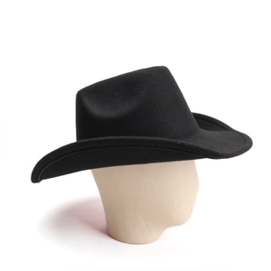 Vue latérale d'un chapeau de cowboy en feutre de laine noir montrant le bord incurvé classique
