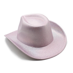 Close-up of pink holographic cowboy hat showing fine woven texture and metallic luster