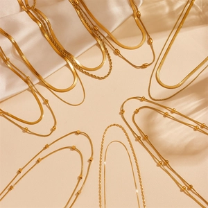 Minimalist Layered Necklace Stainless Steel 18K Gold Plated Snake Chain With Geometric Beads For Women Elegant Jewelry