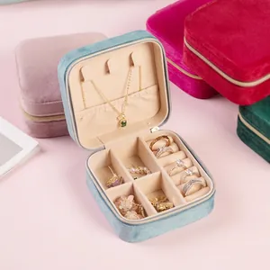 Portable Velvet Jewelry Box Square Travel Organizer With Zipper For Rings Earrings Necklaces Storage Case