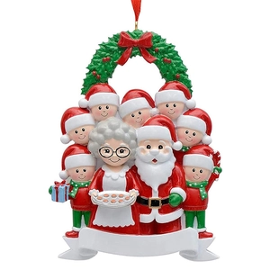 Resin Santa Claus family Christmas tree ornament with 8 members and hanging ribbon