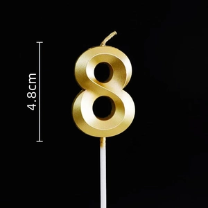 Detailed view of golden number 8 birthday candle with 4.8cm height dimensions