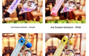 Detail of cute liquid unicorn ice cream keychains in purple, pink, blue, and yellow colors