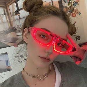 Close-up of a model wearing red LED glowing glasses for cyberpunk party events