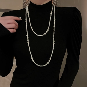 Elegant multilayer long pearl necklace with layered cream white pearls for women