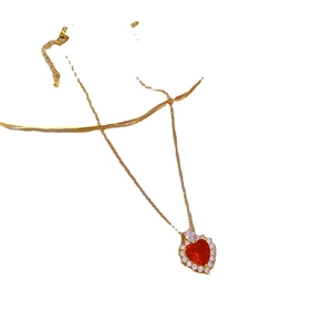 Titanium steel gold necklace with sparkling red heart pendant and micro-pave crystals