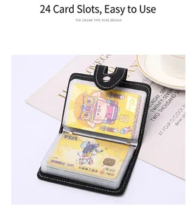 Black accordion card holder with 24 slots, white stitching and metal snap closure