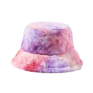 Tie-dye plush bucket hat in pink and purple gradient faux rabbit fur for winter warmth