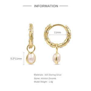 Detailed size chart of gold snake earrings with 11mm inner ring and 5.2x11mm pearl pendant