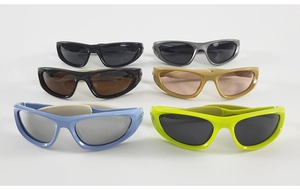 Collection of six colorful Y2K wrap-around sports sunglasses with streamlined cat-eye frames