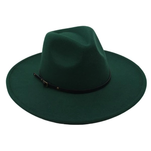 Detail of dark green fedora hat featuring black leather band and metal buckle texture