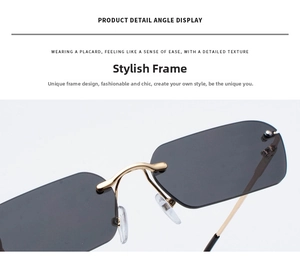 Detailed macro view of rimless sunglasses featuring golden metal bridge and silicone nose pads