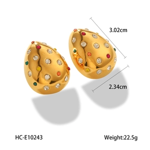 Detailed view of teardrop earrings with multi-colored crystals and dimension markers