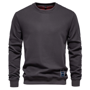 Detailed view of dark grey crew neck sweatshirt showing fabric texture and S size label