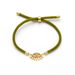Bracelet cordon vert armée œil maléfique avec zircons et fermoir coulissant doré