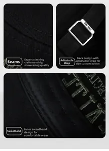 Detailed close-up of stitching, metal adjustable strap, and cotton sweatband on a flat top cap