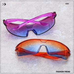 Detail of trendy sports sunglasses with purple and orange gradient lenses in macro view