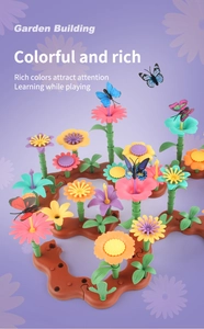 Detail view of colorful garden building toy set with plastic flowers and stems for kids