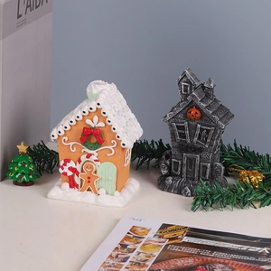 Miniature Christmas gingerbread house and Halloween ghost house festive table decorations