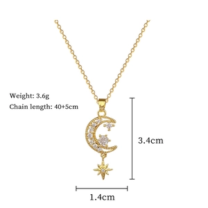Vue détaillée pendentif lune et étoile dorée avec dimensions 3,4x1,4cm et poids 3,6g