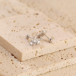 Detail of s925 silver crown earrings with clear cubic zirconia and screw-back closure