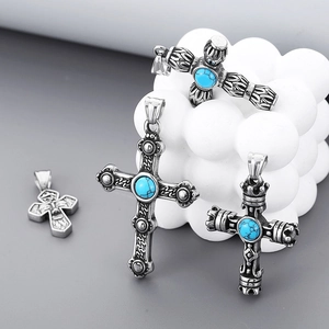 Retro titanium steel cross pendants featuring inlaid turquoise and vintage finish detail