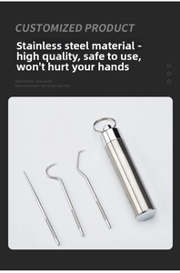 Detail view of 304 stainless steel toothpicks with knurled handles and a portable case