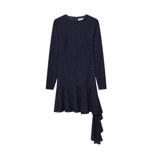 Elegant Lace Long Sleeve Midi Dress With Asymmetric Ruffle Hem Round Neck Solid Color For Women Formal Party Wear