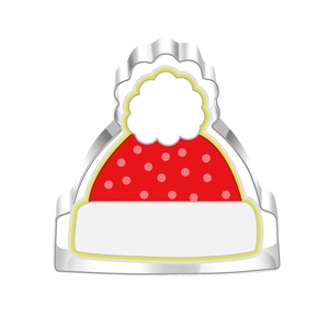 Detailed view of a festive Christmas hat cookie cutter made of polished stainless steel