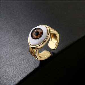 Adjustable 18K gold plated copper evil eye ring with hammered texture and brown pupil