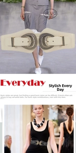 Detailed view of fashion wide elastic waist belt for dresses with double buckles.