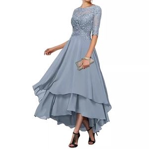 Women's Evening Gown Lace Embroidery High-Low Multi Layer Chiffon Dress Mid Sleeves Party Formal Social Banquet