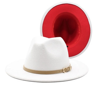 Unisex Wool Felt Fedora Hat Two Tone Contrast Color Wide Flat Brim Jazz Cap With Leather Belt Metal Buckle Fashion